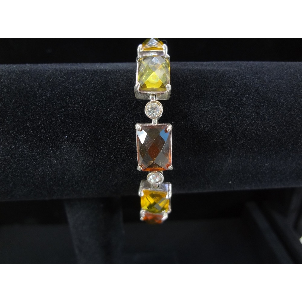 Silver Toned Link Bracelet Amber Orange Yellow Faceted Stone